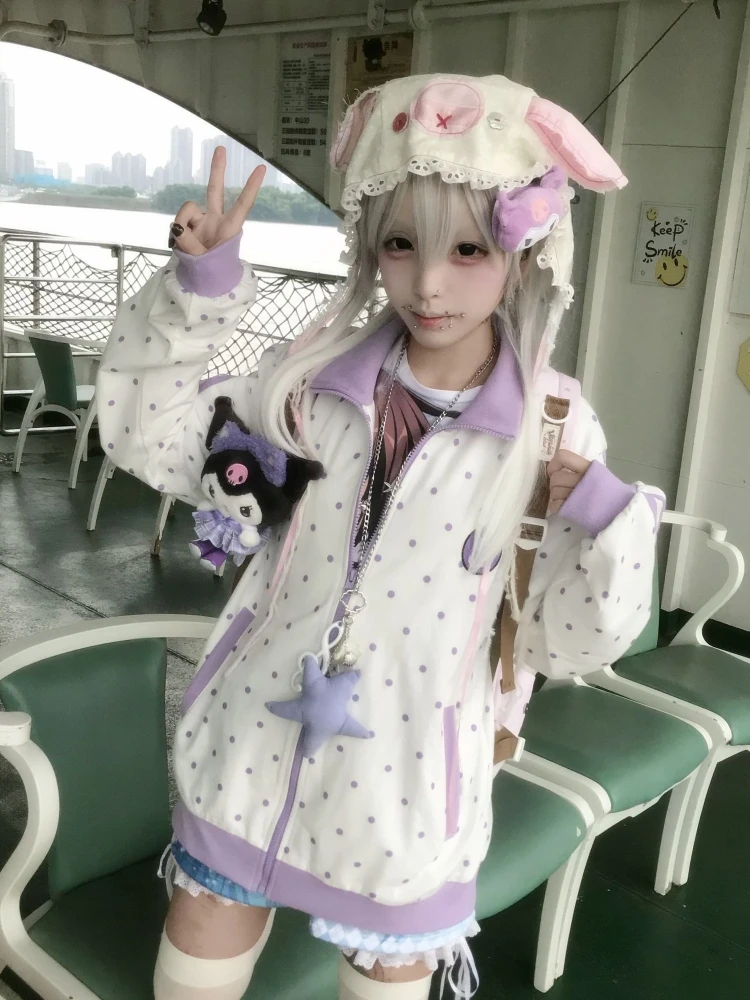 Фото HOUZHOU Y2k белые Cutecore Juminocore женские толстовки в горошек на молнии милое пальто с длинными рукавами в японском стиле Kawaii свободное повседневное №1