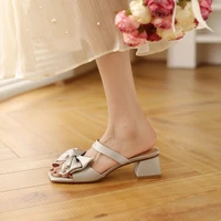 2022 summer new womens shoes silk bow square toe thick heel middle heel one word belt sandals