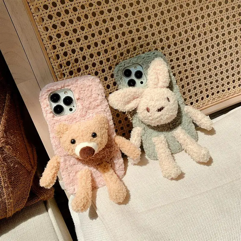 

Cute Fur Animal Phone Case for iPhone 13 Pro Max Case Furry Rabbit Bear Fluffy Plush Soft Cover Warm for iPhone 13Pro Max