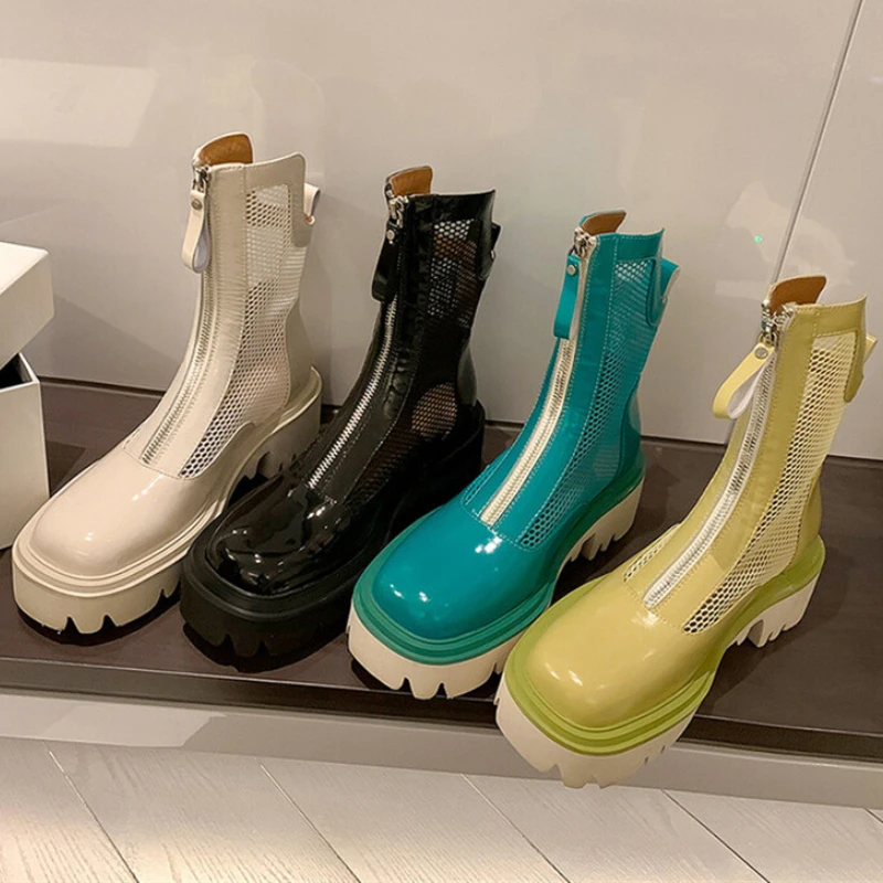 

Женские сетчатые ботинки, летние дышащие кожаные ботинки на молнии, Модные Черные ботильоны на толстой подошве для отдыха на высоком каблуке, женские ботинки