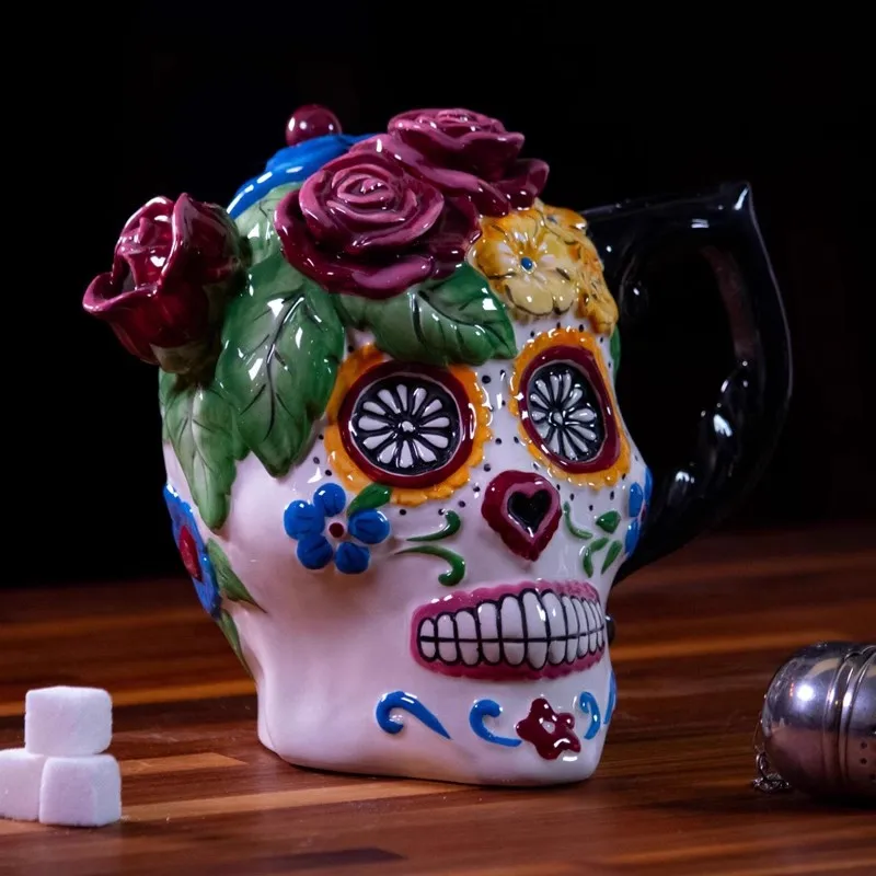 

Керамическая скульптура, чайник в виде Розы, черепа, кофейник, рождественский подарок, ремесла, украшение для комнаты, гостиной, скелет, фарфоровая фигурка