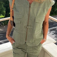2022 new style tooling wind zipper loose sleeveless vest vest womens street style solid color spring and autumn windproof
