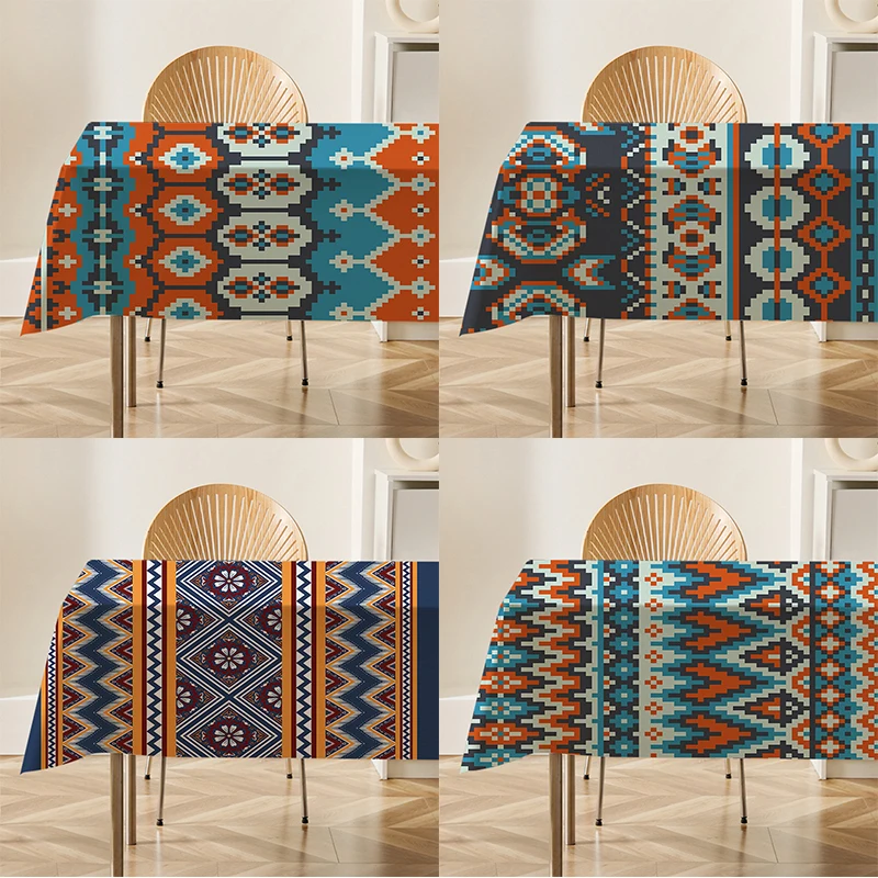 

Traditional Folk Art Patterns Flax Tablecloth Table Dustproof Cover Heat Resistant Kitchen Dining Room Decoration Multiple Sizes