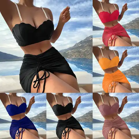 Bikinis 2023 Woman Women's 3 Piece Bikini Bathing Suit Halter Pearl String Swimsuit Beach Bathing Suit 수영복 Maillot De Bain Femme