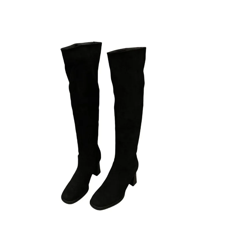 Женская модная обувь на толстом каблуке осенние новые замшевые высокие сапоги с