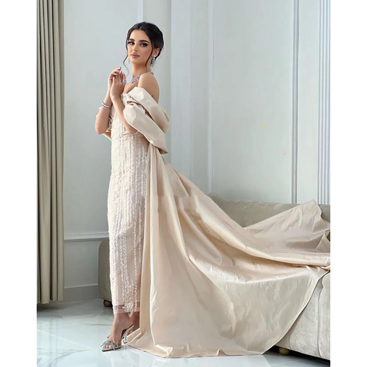 

Modern Champagne Satin Prom Dresses for Musilm Sequin Lace Saudi Trumpet Formal Dress with Jackets Backless فساتين الحفلات