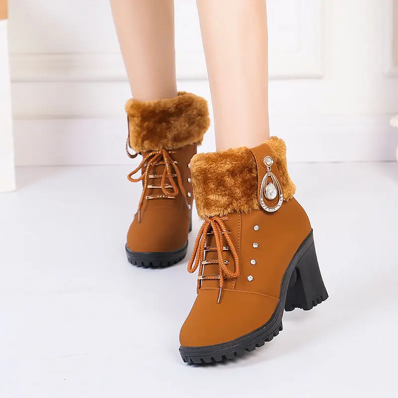 

2022 New Winter Women High Heels Shoes Warm Non-slip Block Cow Suede Warm Snow Boots Fashion Designer Crystal Plush Goth Botas