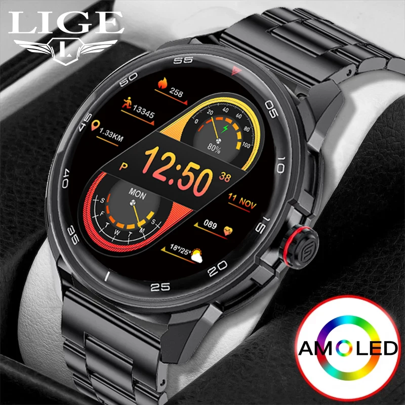 

LIGE Sport Smart Watch For Men AMOLED 360*360 HD Always Display Fitness Bracelet Waterproof Stainless Steel Smartwatch Man + BOX
