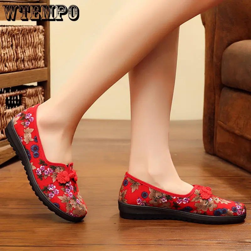 WTEMPO Vintage Print Women Flats Shoes Embroidered Chinese Traditional Slip-on Loafers Canvas Casual Shoes Woman Dropshipping