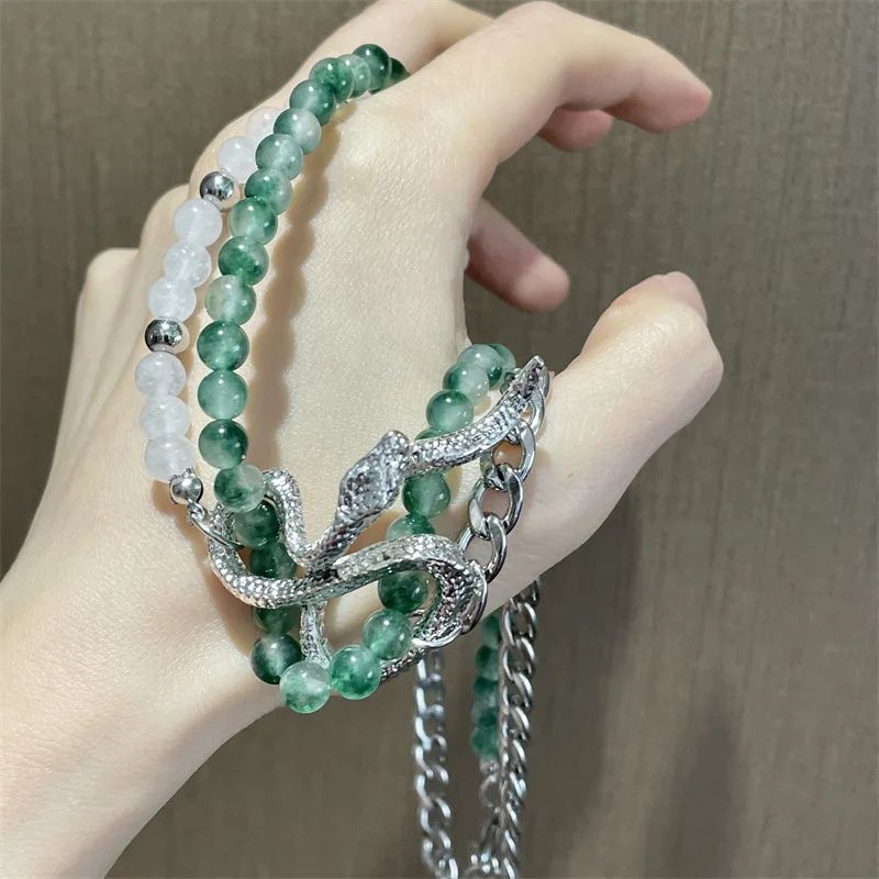 

Minar Punk Green Color Crystal Natural Stone Beads Chain Necklace for Women Silver Color Twisted Snake Layers Chokers Necklaces