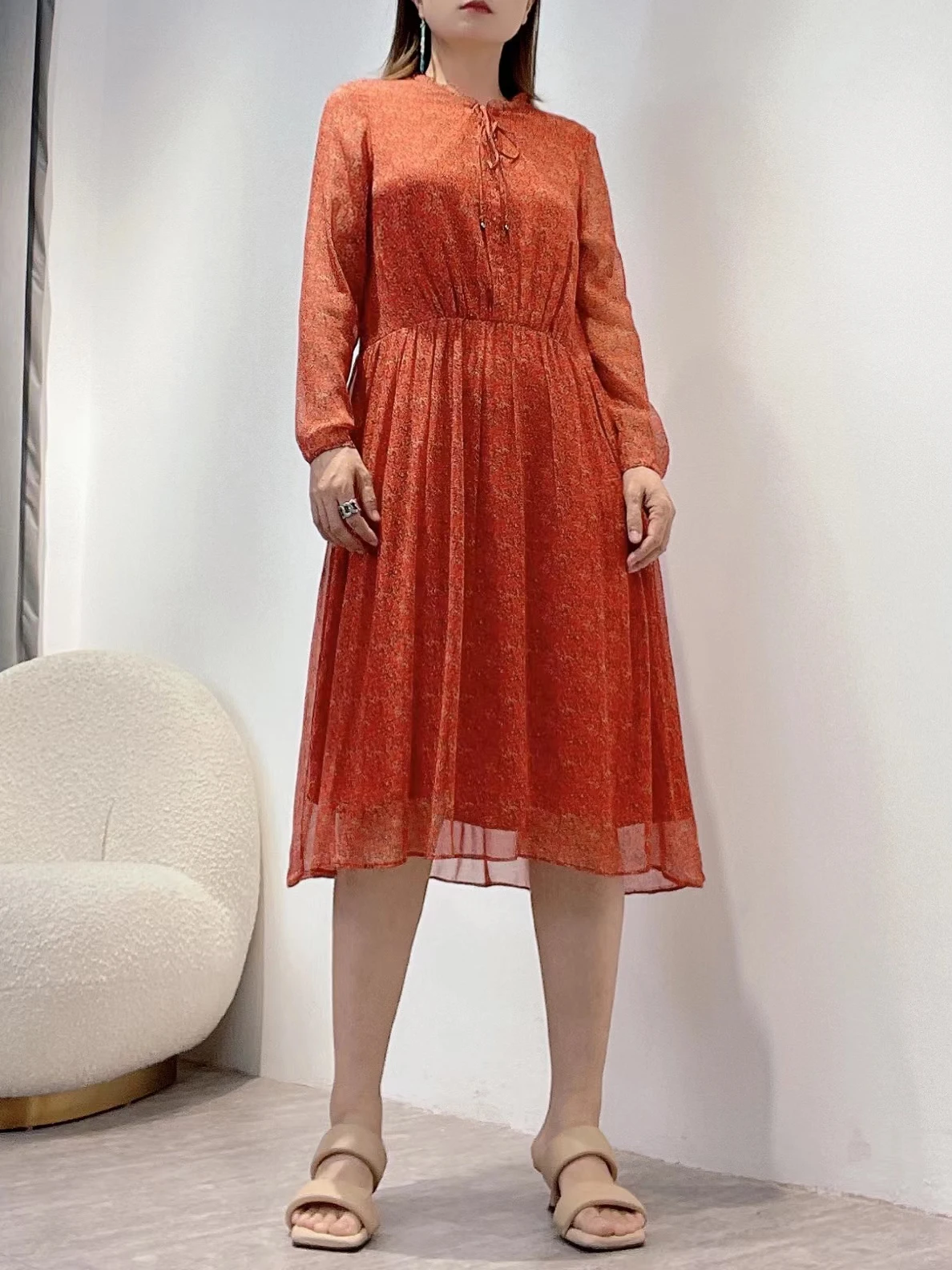 

Draw String Ruffled Collar Silk Dress For Women