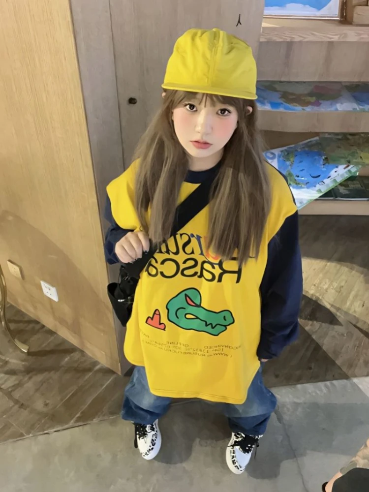 

Женская футболка с длинным рукавом, винтажная свободная футболка контрастных цветов с буквенным принтом, Y2k