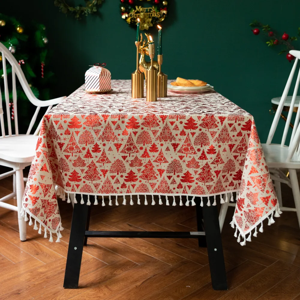 

Christmas Table Clothes With Tassels Rectangular Print Christmas Tree Decor Home Dining Table Cover Overlays Non-slip Tablecloth