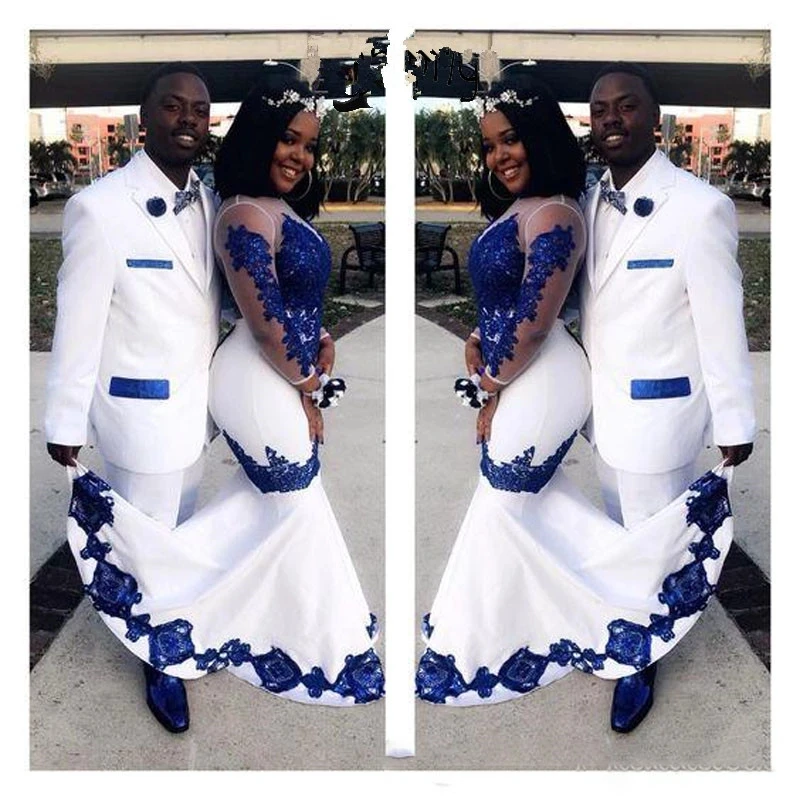 

New White Satin Royal Blue Lace Aso Ebi African Prom Dresses Long Illusion Sleeves Appliqued Mermaid Evening Formal Gowns Pagean