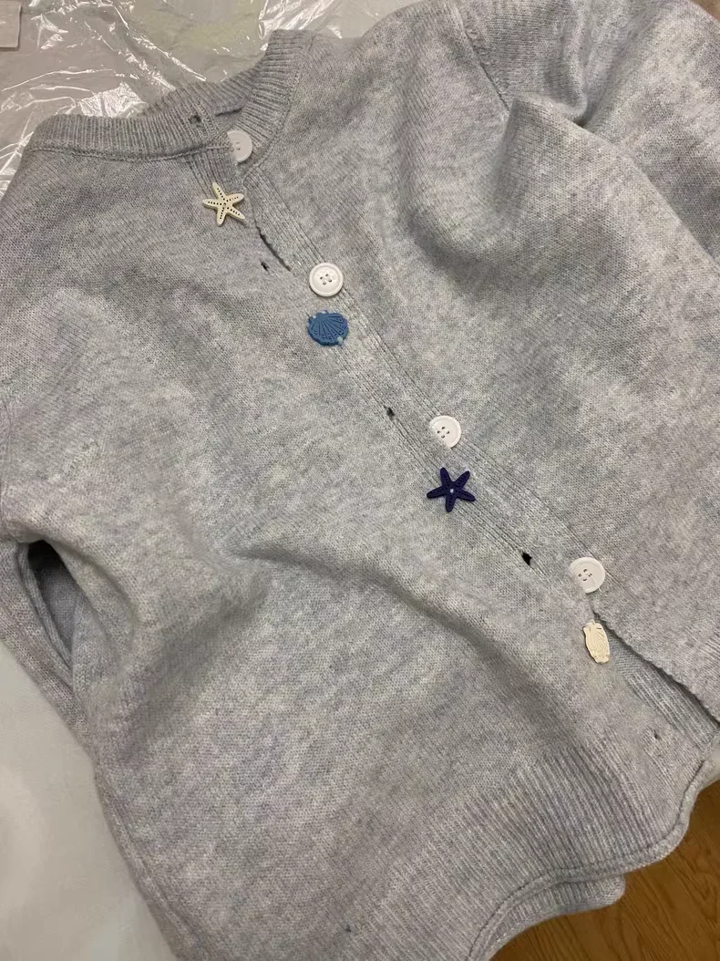 Синий серый мягкий Свободный кардиган куртка милый свитер с пуговицами в виде