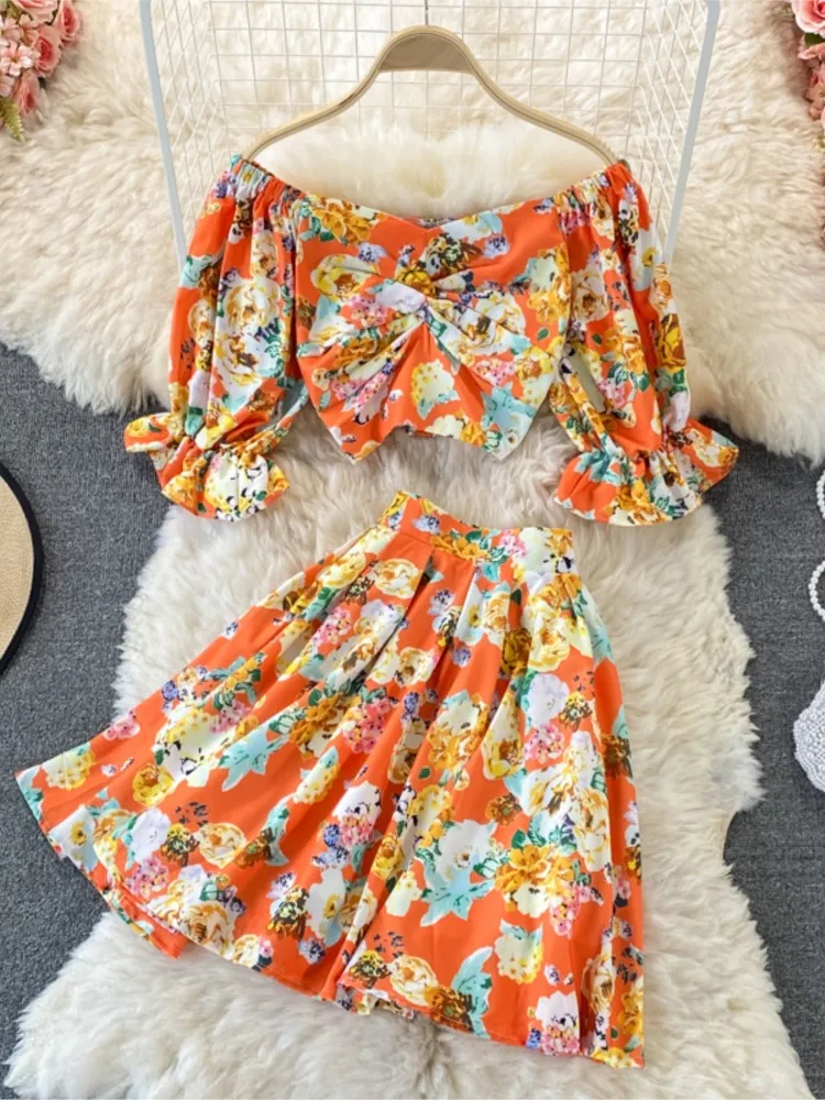 

Elegant Women Summer Skirt Sets 2022 Fashion Short Tops & Mini Skirt Female Holiday Two Piece Set