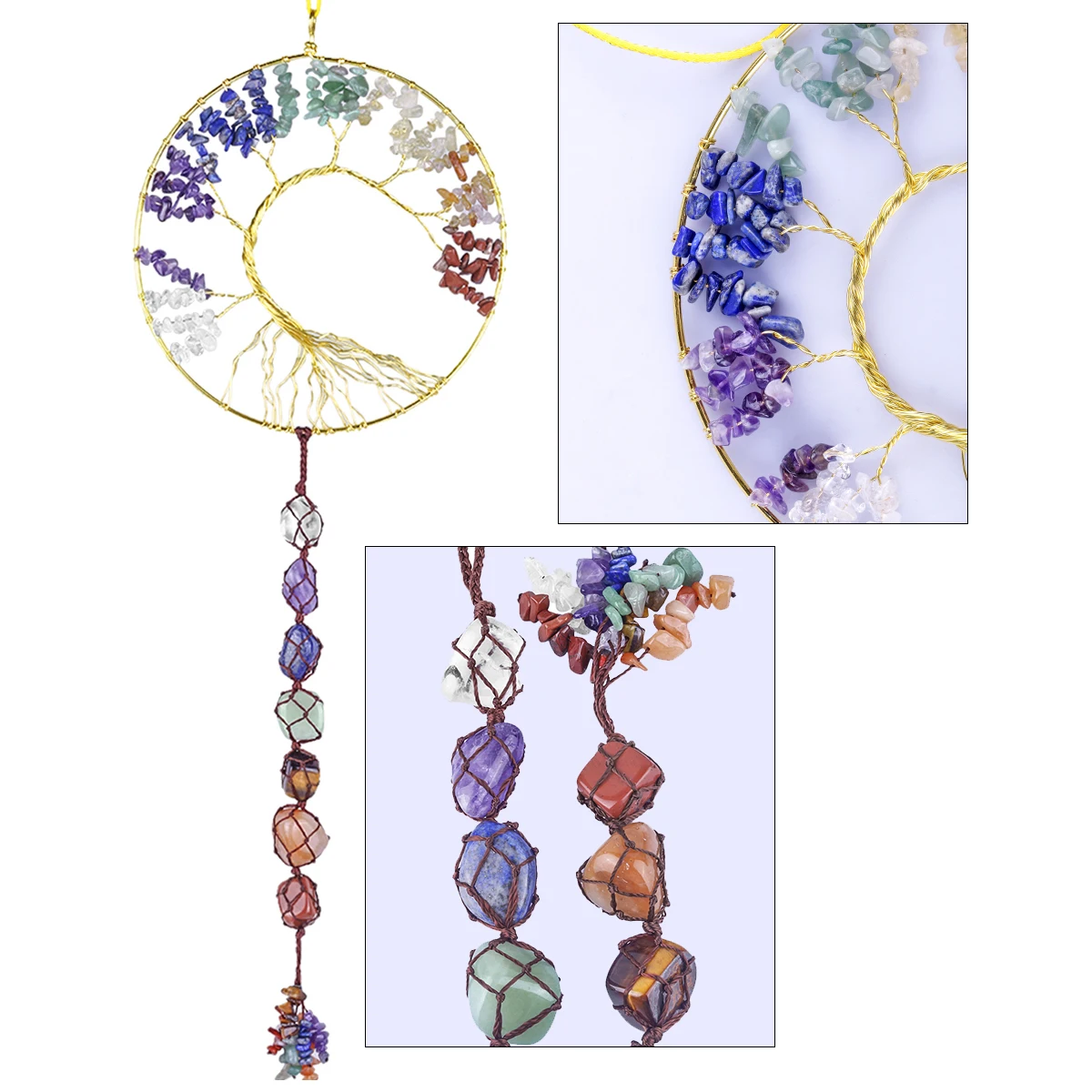 Natural Amethyst Tree Of Life Wind Chimes Reiki 7 Chakra Crystal Stone Irregular Mineral Wall Window Hanging Ornament Room Decor