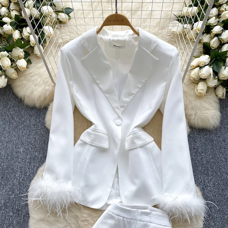 Женский комплект из двух предметов с перьями для офисной работы меховой пиджак