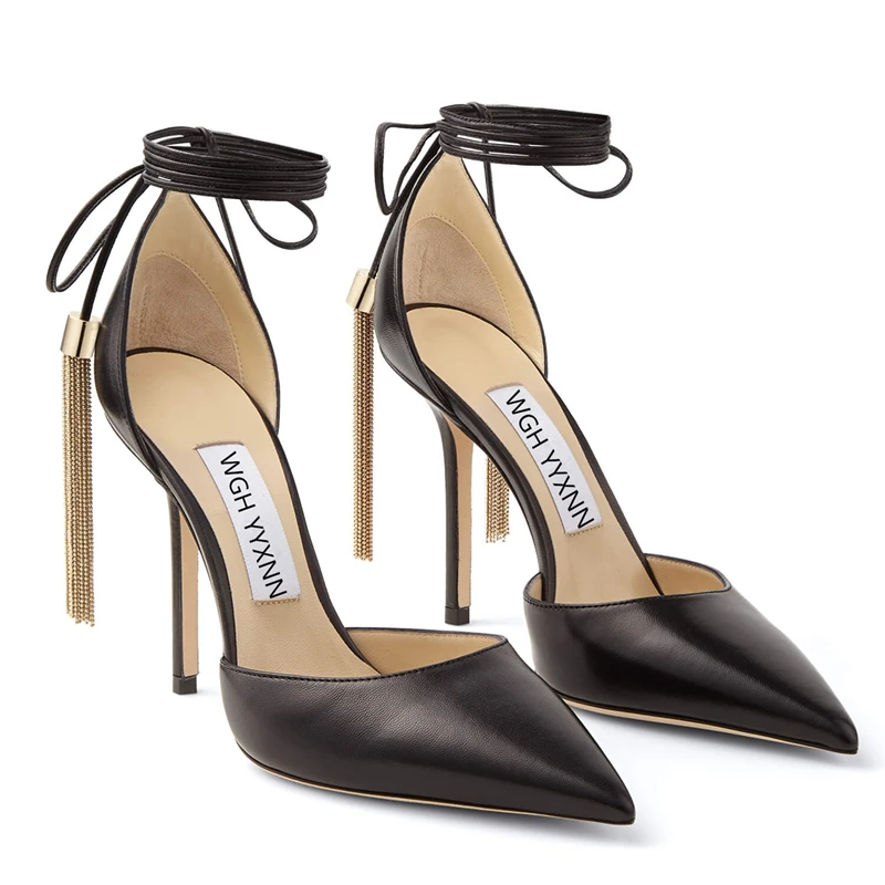 2022 New Pointed Toe High Heels Women's Stiletto Black Leather Sexy Tassel Strappy Pumps for Women