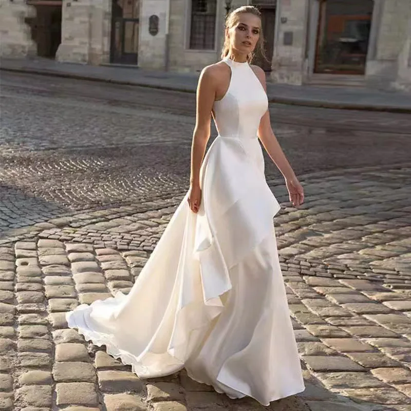 

Женское свадебное платье с лямкой на шее TIXLEA, длинное атласное платье невесты с открытой спиной, без рукавов, индивидуальный пошив