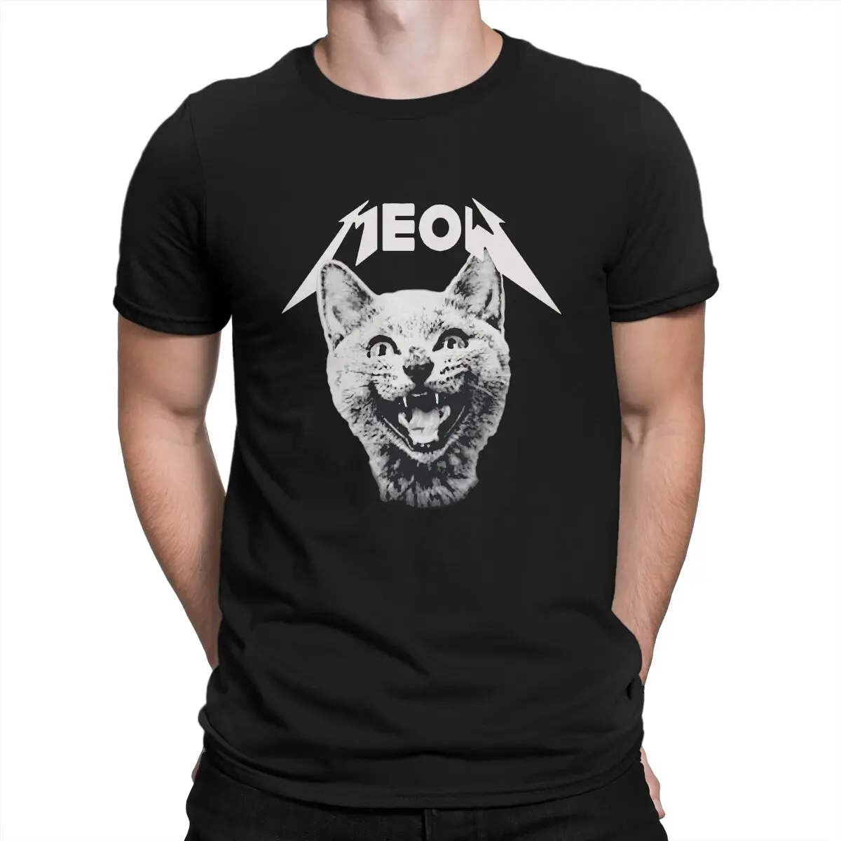 

Футболка Meow мужская с круглым вырезом, металлическая тенниска с музыкой и надписью «коты», тканевая майка с юмором, идея для подарка