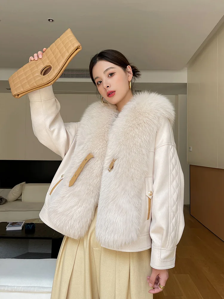 New Women Short Real Fur Coat Autumn Winter Fashion Thick Warm Fox Fur Patchwork Suede Double-faced Fur Jacket Loose Outerwear