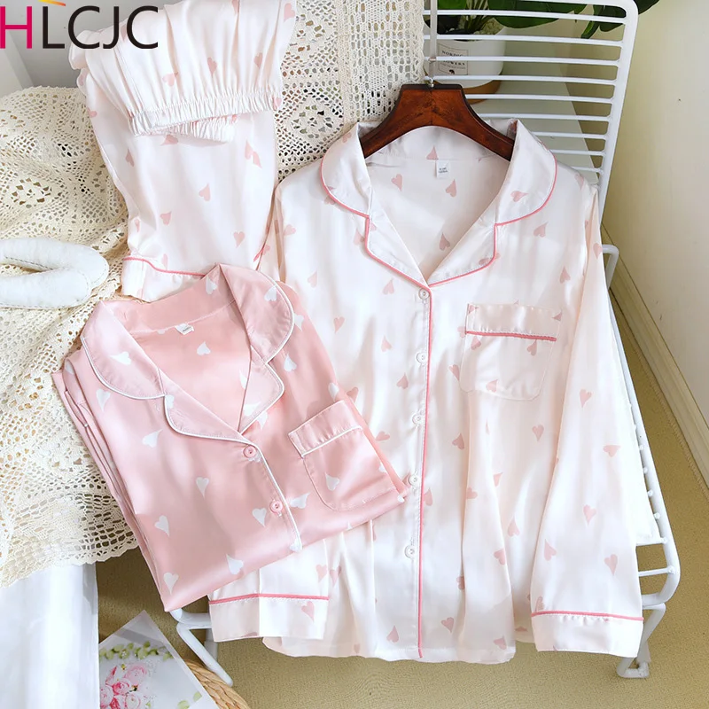 

Summer Silk Satin Pajamas Set Woman Heart Printed Long Sleeve Sleepwear Pijamas Suit Female Sleep Two Piece Loungewear Plus Size