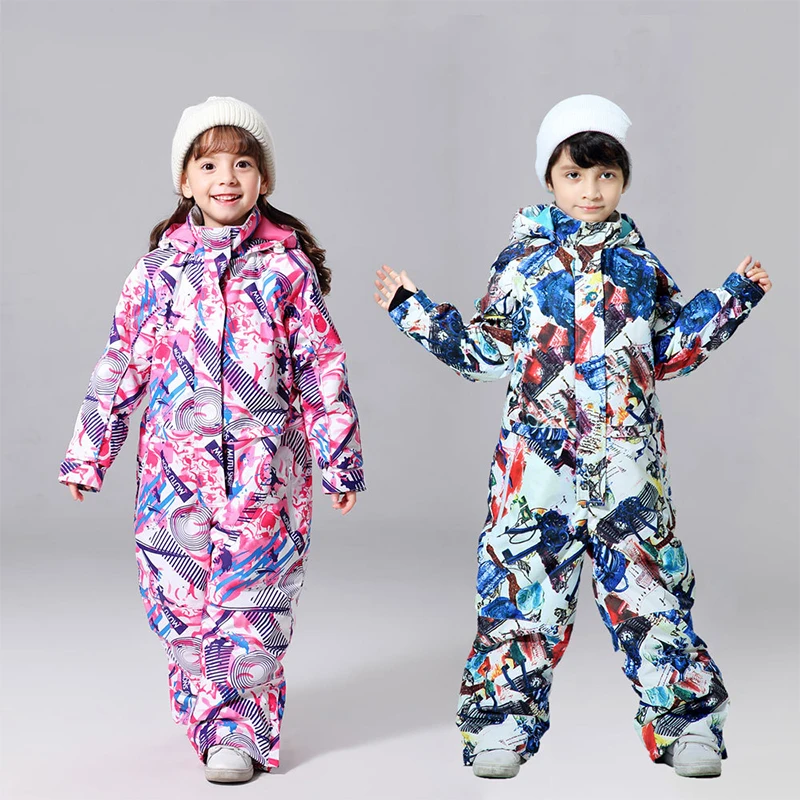 Boy Girls One Piece Ski Suit Waterproof Children Jumpsuit Snowmobile Winter Warm Snowsuit Insulated Kid Ski Tracksuit Clothes