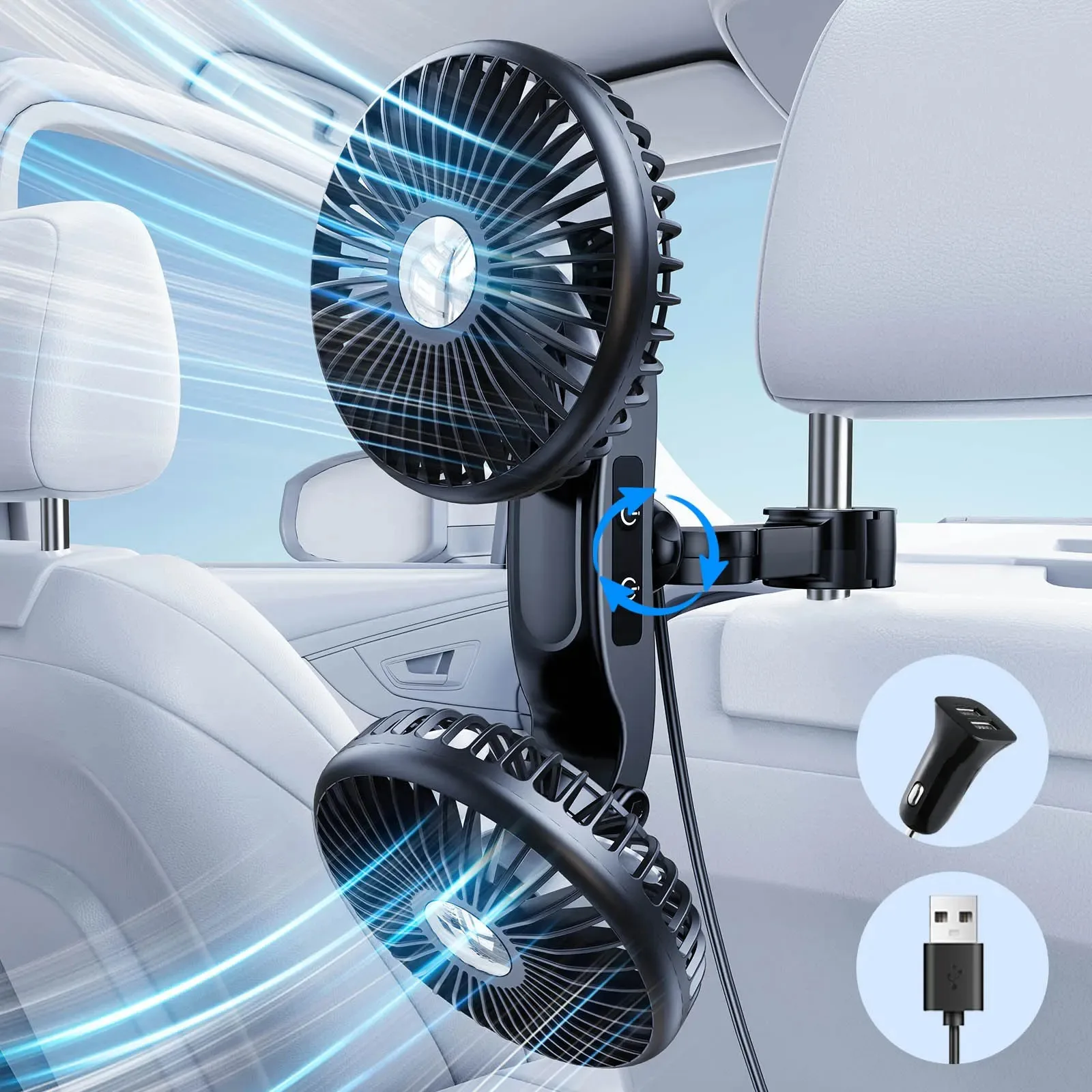 

Автомобильный вентилятор Eary на заднем сиденье, подголовник, двухголовочный вентилятор, аккумулятор 2000 мАч, 3-скоростные вентиляторы воздушного охлаждения для детей, летние автомобильные аксессуары