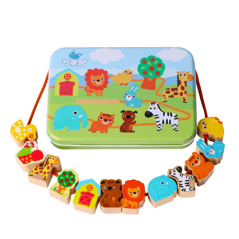

Wooden Toy Cartoon Animals Fruit DIY Toy Beads Toy Stringing Threading Beads Game Education Toy for Baby Kids Children