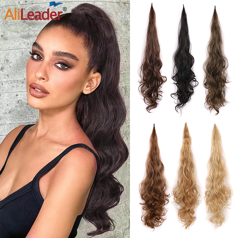 

Cheap Synthetic Flexible Wrap Around Ponytail Layered 32Inch Long Wavy Ponytail Hair Extensions Ombre Fake Pony Tail Hairpiece