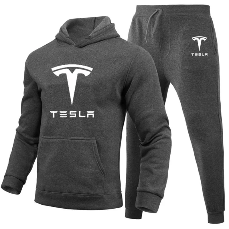 Hoodies Men Tesla Car Logo Print Casual Harajuku Gradient color Hooded Fleece zipper Jacket Sweatshirt Sweatpants Suit 2pcs