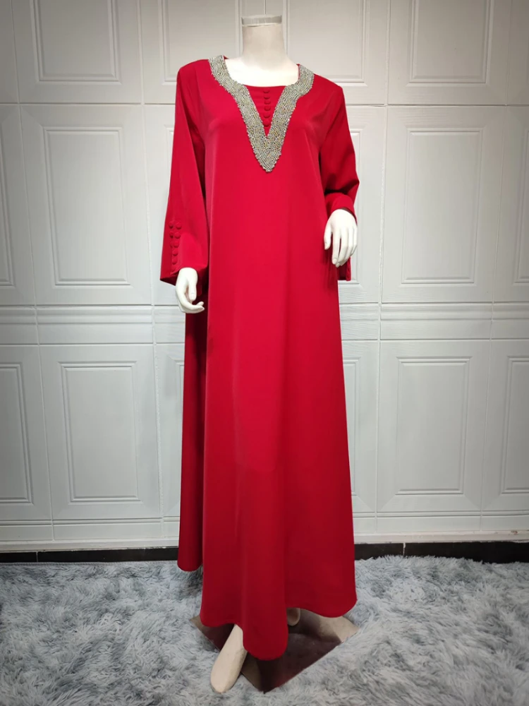 Muslim Woman Abaya Rhinestone Casual Loose Modest Dress Islam Oman Qatar Moroccan Kaftan Dubai Luxury Dresses For Prom