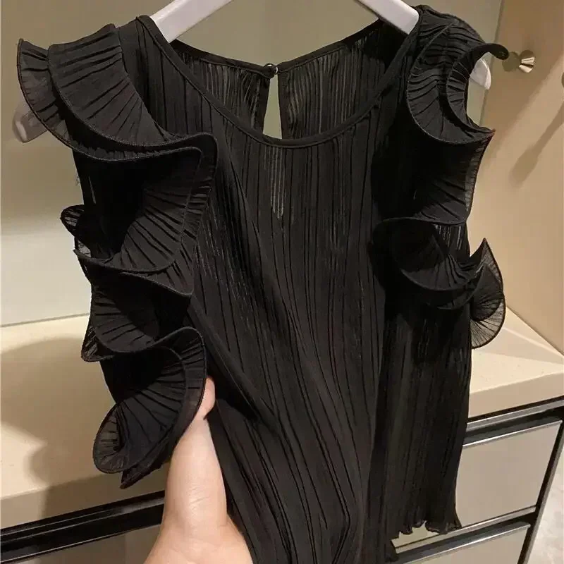 Летняя свободная модная шифоновая рубашка без рукавов с керлингом в виде листьев