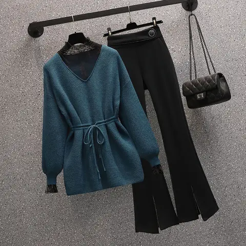 Весенне-осенний Новый элегантный женский комплект с брюками сексуальный кружевной свитер черные брюки комплект из двух предметов женский спортивный костюм