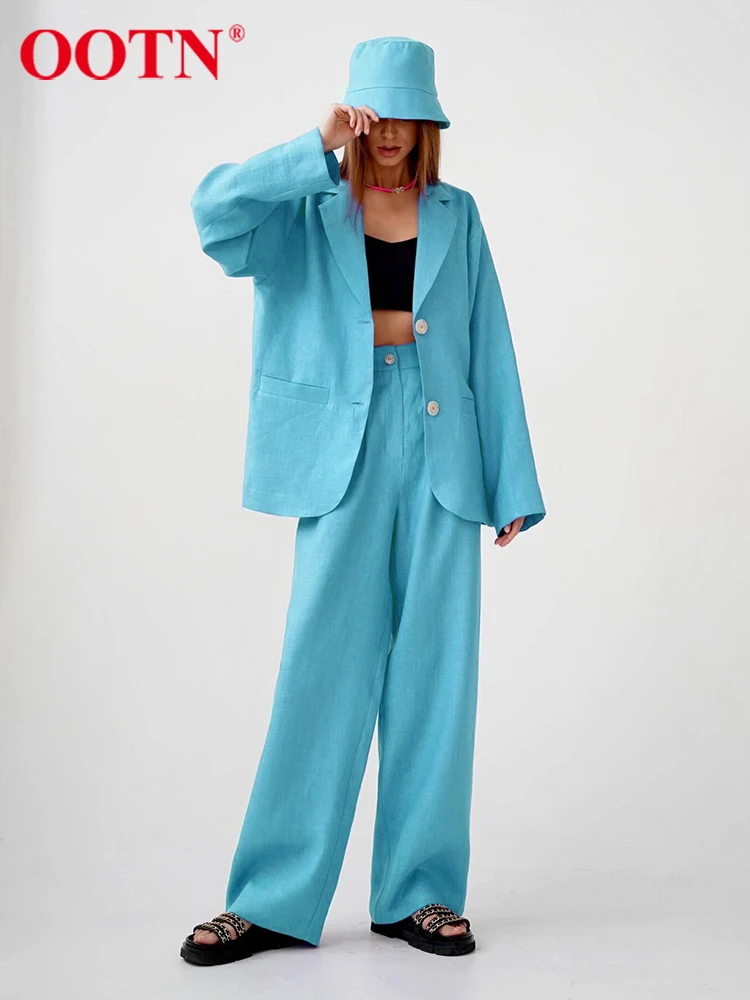 

OOTN офисные повседневные костюмы из хлопка и льна с длинным рукавом, модный Блейзер, комплекты из 2 предметов, прямые брюки с высокой талией, ж...