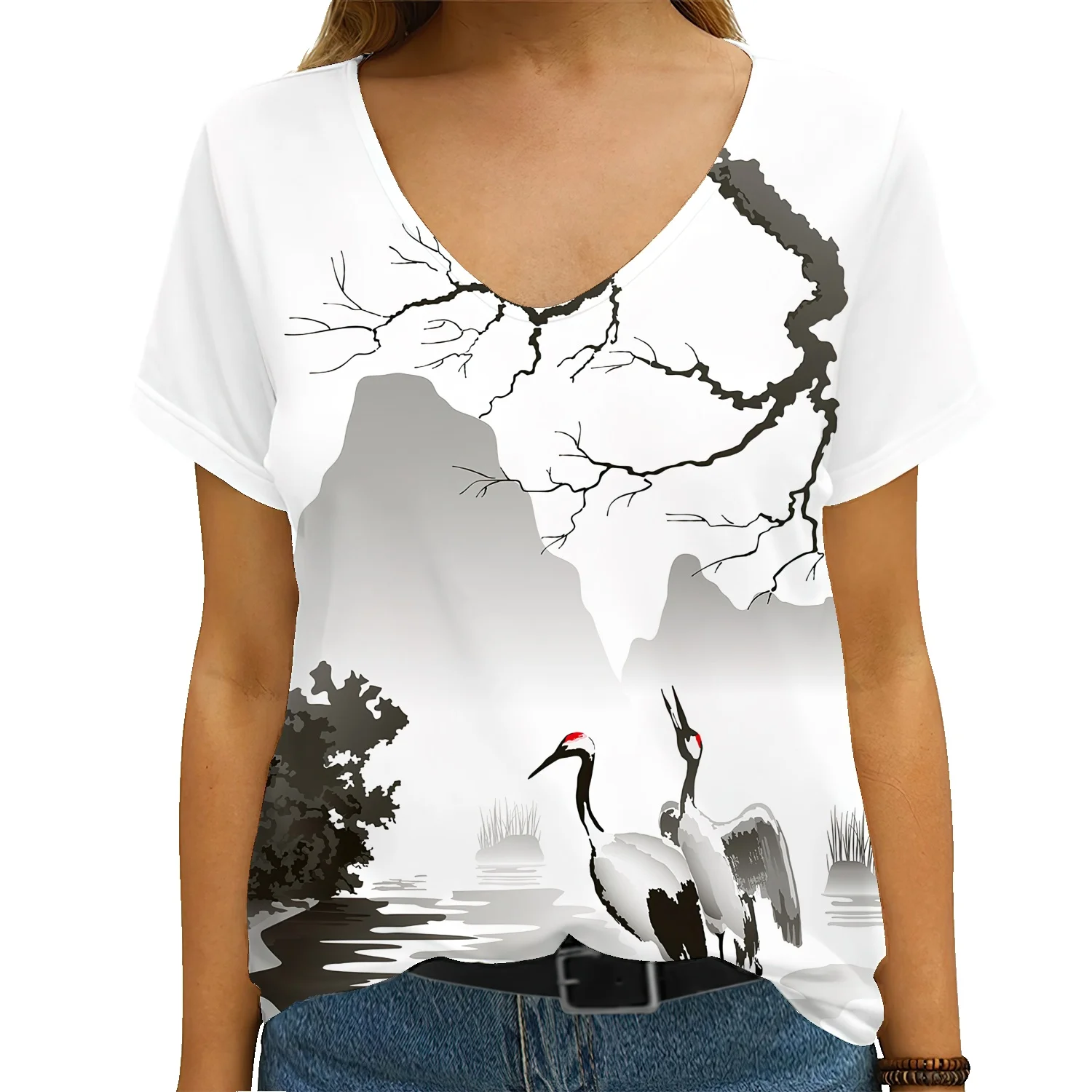 

Women's Short Sleeve Ink Flower Crane Pillar 3D Print T-Shirt Women's Abstract Top Casual Street V-Neck Oversized Cotton Top