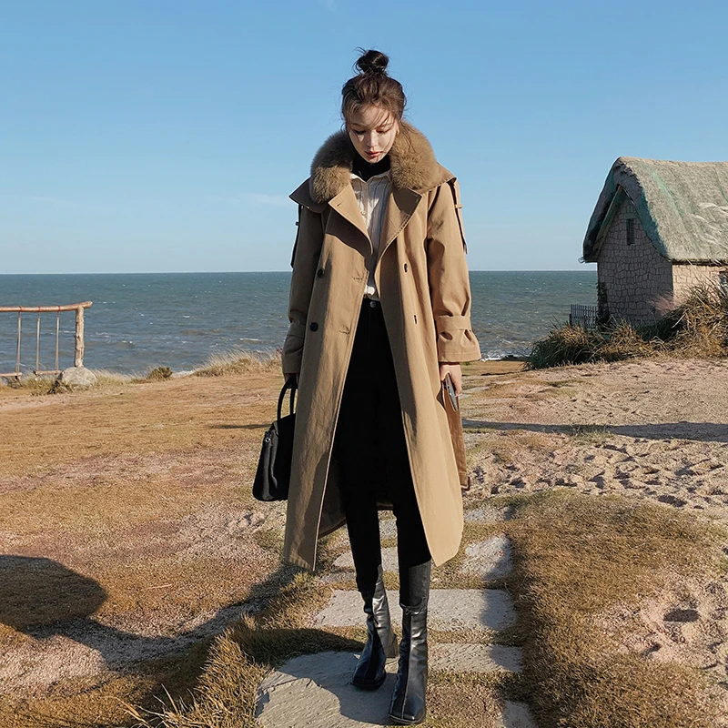 

COZOK Ретро черная Длинная ветровка женская зимняя теплая верхняя одежда Новинка 2022 женское свободное повседневное французское темпераментн...