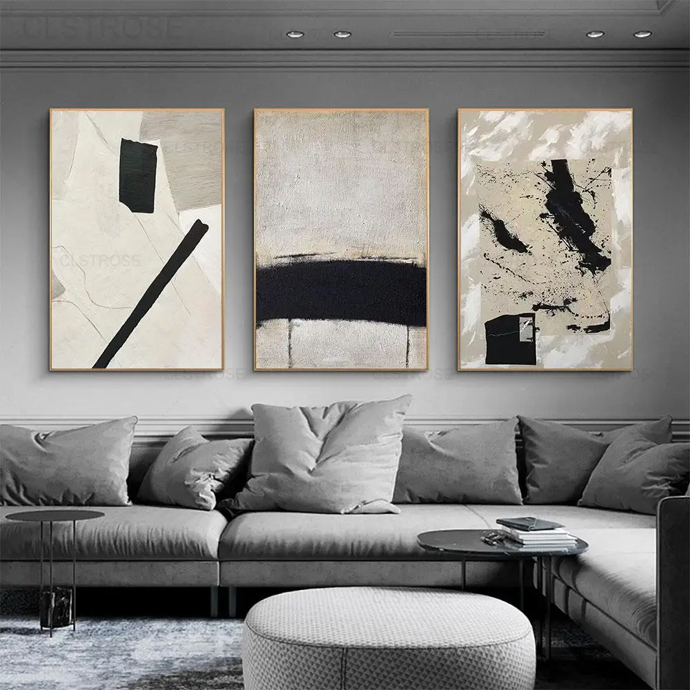 

Abstract Beige Black Gray Poster Minimalist Calligraphy Canvas Painting Wall Art Picture Modern Interior Home Decor Living Room