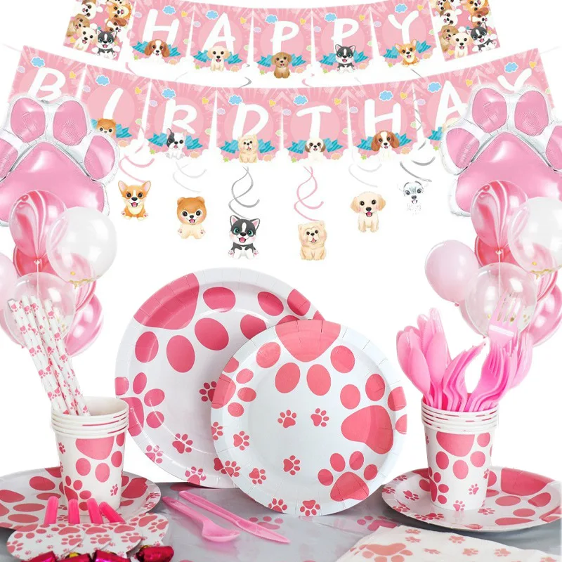 

Pink Puppy Paw Themed Birthday Party Decorations Dog Paw Party Supplies Print Banner Paper Plates Cups Napkins Balloons Party