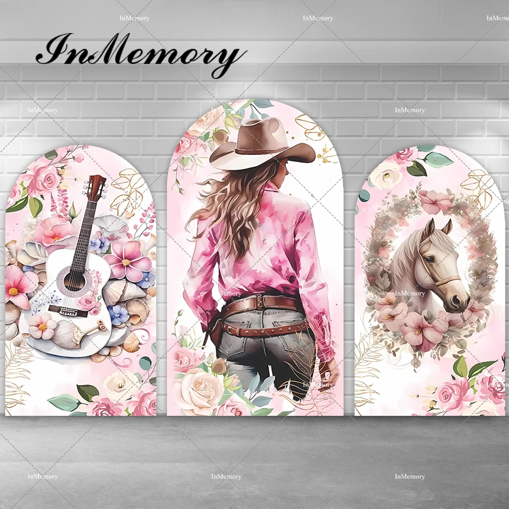 Двухсторонний фон для фотосъемки с изображением ароки розовых цветов лошадей