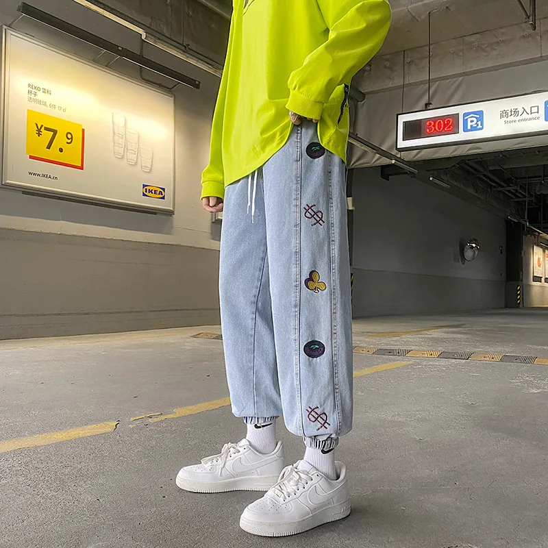 Fashion Men's Jeans Hong Kong Style Loose Handsome Embroidered Wide Leg Pants Ins Casual Trousers Spring and Autumn Man Bottoms