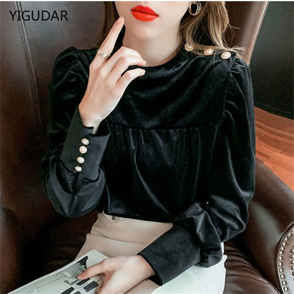 Autumn winter women blouse velvet shirts tops vintage long-sleeved bow ruffled blouses casual loose ladies tops female clothes