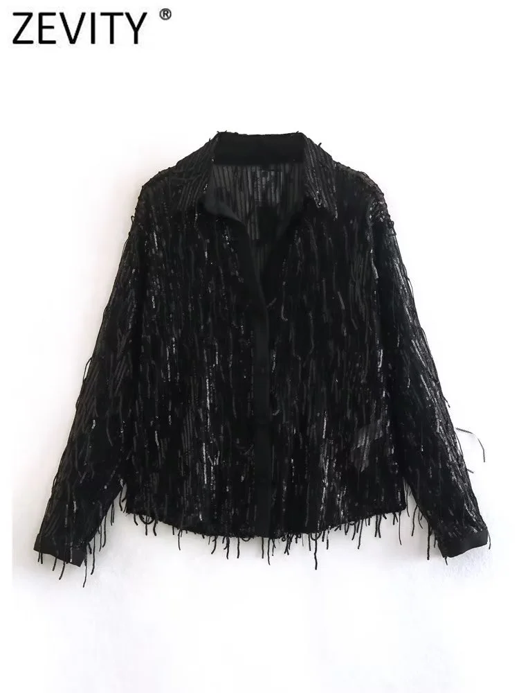 

Zevity Women High Street Tassel Sequined Design Black Smock Blouse Office Lady Long Sleeve Shirt Chic Casual Blusas Tops LS3029