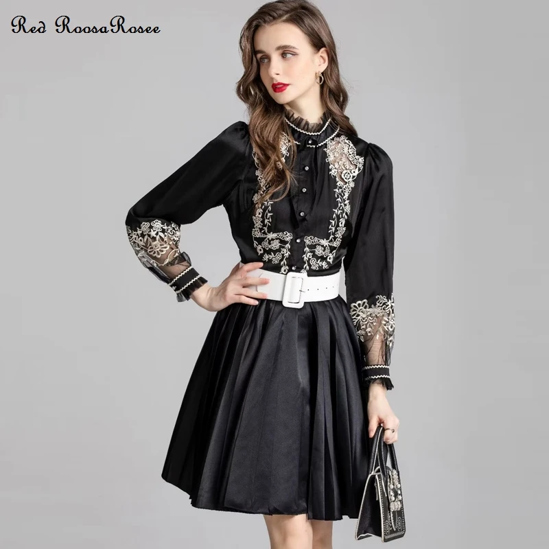 

Red RoosaRosee Floral Embroidery Long Sleeve Black Short Dress + White Belt Women Designer Autumn 2022 Vestidos Robe Femme