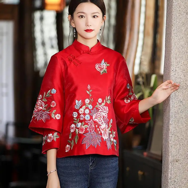 

Embroidered Top Women's National Style Retro Embroidery Chinese Top Women's Jacket Loose Coat Tang Dress Women's Autumn Hanfu