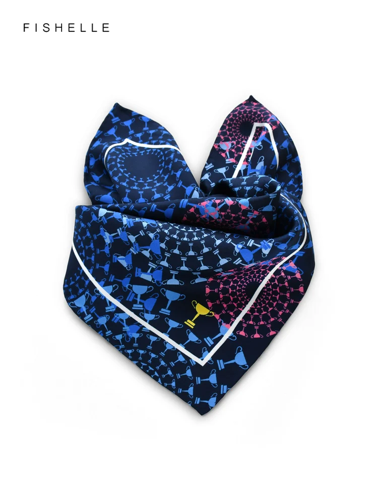 

Navy blue trophy printed natural silk scarf 100% real silk twill scarves 50cm square small handkerchief headscarf spring autumn