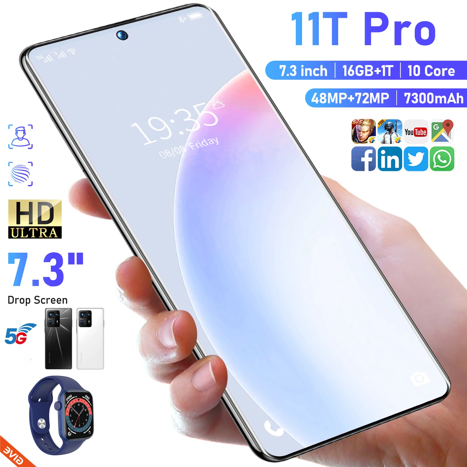 

Smartphones Global Version New T11 PRO 7.3 Inch 4G/5G Network Cellphone 16G+1TB 7300mAh 48+72MP Dual Sim Android Mobile Phone