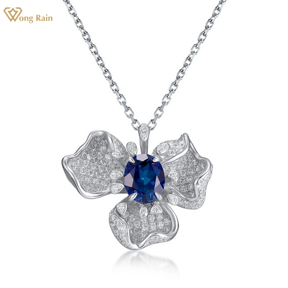 

Wong Rain, винтажное серебро 925 пробы, 3.55CT, Овальный Сапфир, рубин, драгоценный камень, цветок, кулон, ожерелье, ювелирное изделие, Подарок на годовщину