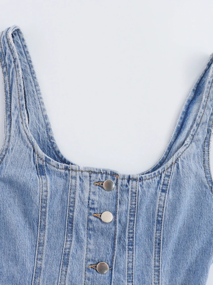 Женское джинсовое платье-миди на пуговицах спереди с круглым вырезом